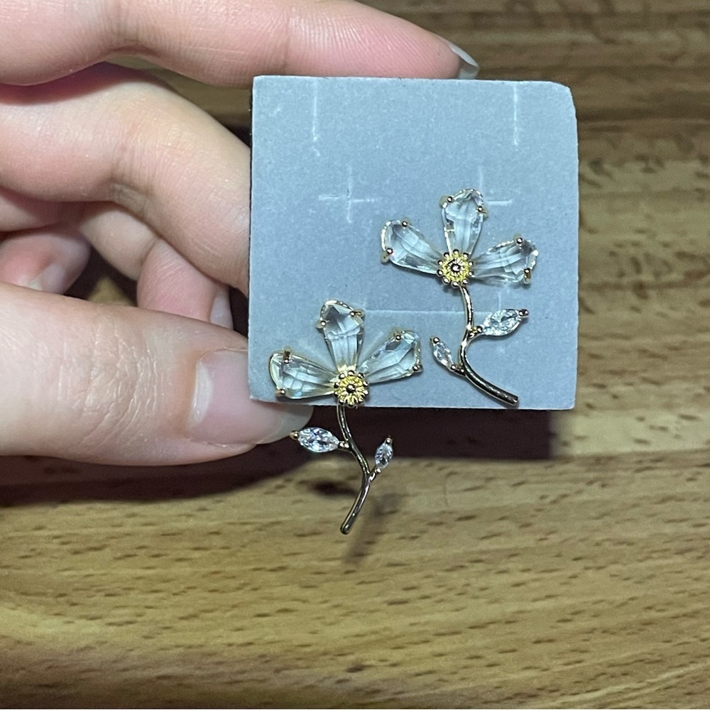 Clear Flower Stem Women Earrings  14K Gold Plated